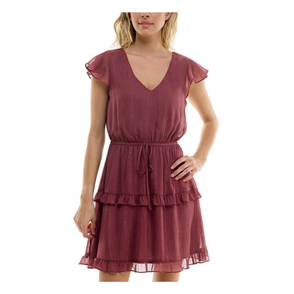 BCX DRESS Womens Fit + Flare Short Dress Pink Tie Lined Flutter Sleeve Juniors S